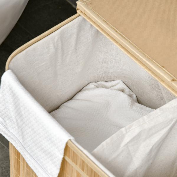 Cesto de Roupa Suja 90L em Bambu com 2 Compartimentos Alças e Bolsa Interna Removível 54,2x35,2x59,5 cm Madeira