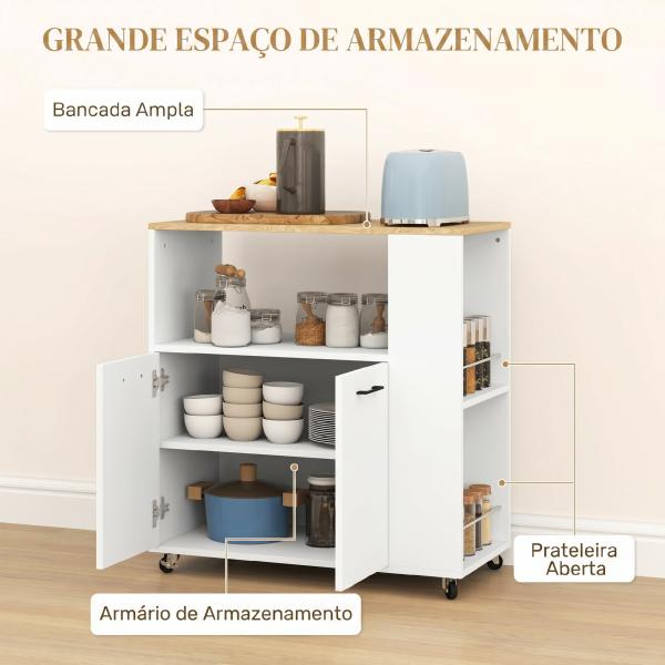 Carrinho de Cozinha com Rodas 2 Portas Prateleira Ajustável e Porta - Especiarias 75x40x80,5 cm Branco e Carvalho