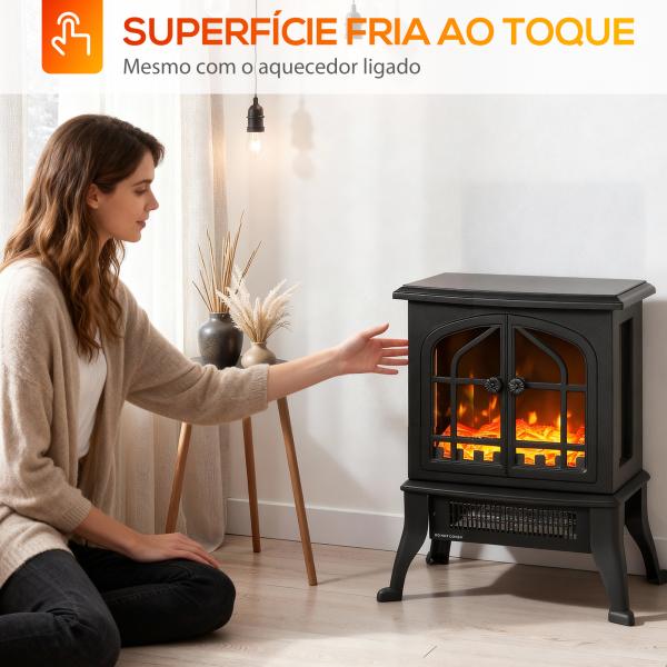 Lareira Elétrica 900/1800W com Efeito Chama 3D 2 Níveis de Potência Termóstato Ajustável para 15 - 30 ㎡ 39x24x48 cm Preto
