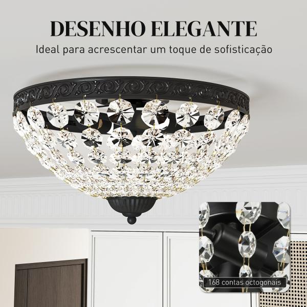 Candeeiro de Teto de Cristal Clássico com 2 Suportes E14 40W Candeeiro de Teto Vintage com 168 Contas de Cristal Ø35x22 cm Preto