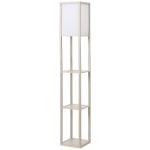 Candeeiro de Pé de Madeira com 3 Prateleiras De Armazenamento para Lâmpada E27 Potência Máx. 40W Candeeiro Moderno para Sala de Estar Dormitório 26x26x160cm Carvalho e Branco