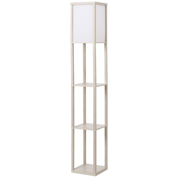 Candeeiro de Pé de Madeira com 3 Prateleiras De Armazenamento para Lâmpada E27 Potência Máx. 40W Candeeiro Moderno para Sala de Estar Dormitório 26x26x160cm Carvalho e Branco