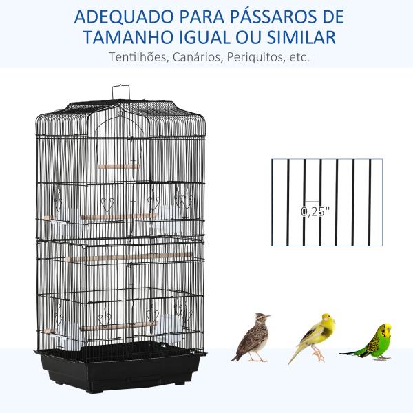 Gaiola para Passáros Gaiola de Metal com Portas 4 Comedouros 3 Poleiros Baloiço Bandeja Removível e Alça de Transporte para Papagaio Canário Periquito 46,5x35,5x92cm Preto