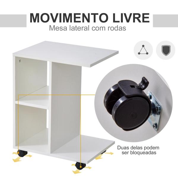 Mesa Auxiliar Moderna Mesa Auxiliar em Forma de C com Rodas e Prateleiras Abertas 45x35x58 cm Branca