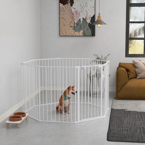Parque para Cães de 8 Painéis 64x90 cm Dobrável de Aço com Duplo Travamento Função de Bloqueio e Formato Modular Branco
