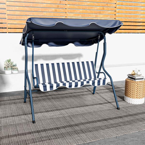 Baloiço de Jardim de 2 - 3 Lugares com Almofada Toldo Ajustável Terraço Patio Capacidade 240kg 170x110x153cm Azul e Branco