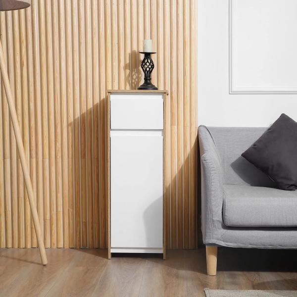 Armário Casa de Banho Baixo Armário de Madeira com Gavetas e 2 Prateleiras para Sala de Estar Dormitório Cozinha 32,6x30x90cm Natural e Branco