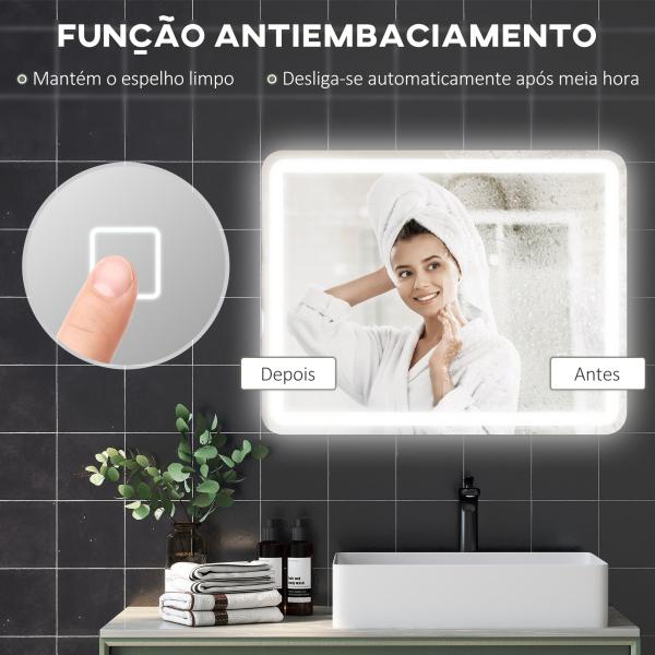 Espelho Casa de Banho com Luzes LED 70x90 cm Função Antiembaciamento 3 Temperaturas de Cor Ajustável e Função de Memória Prata
