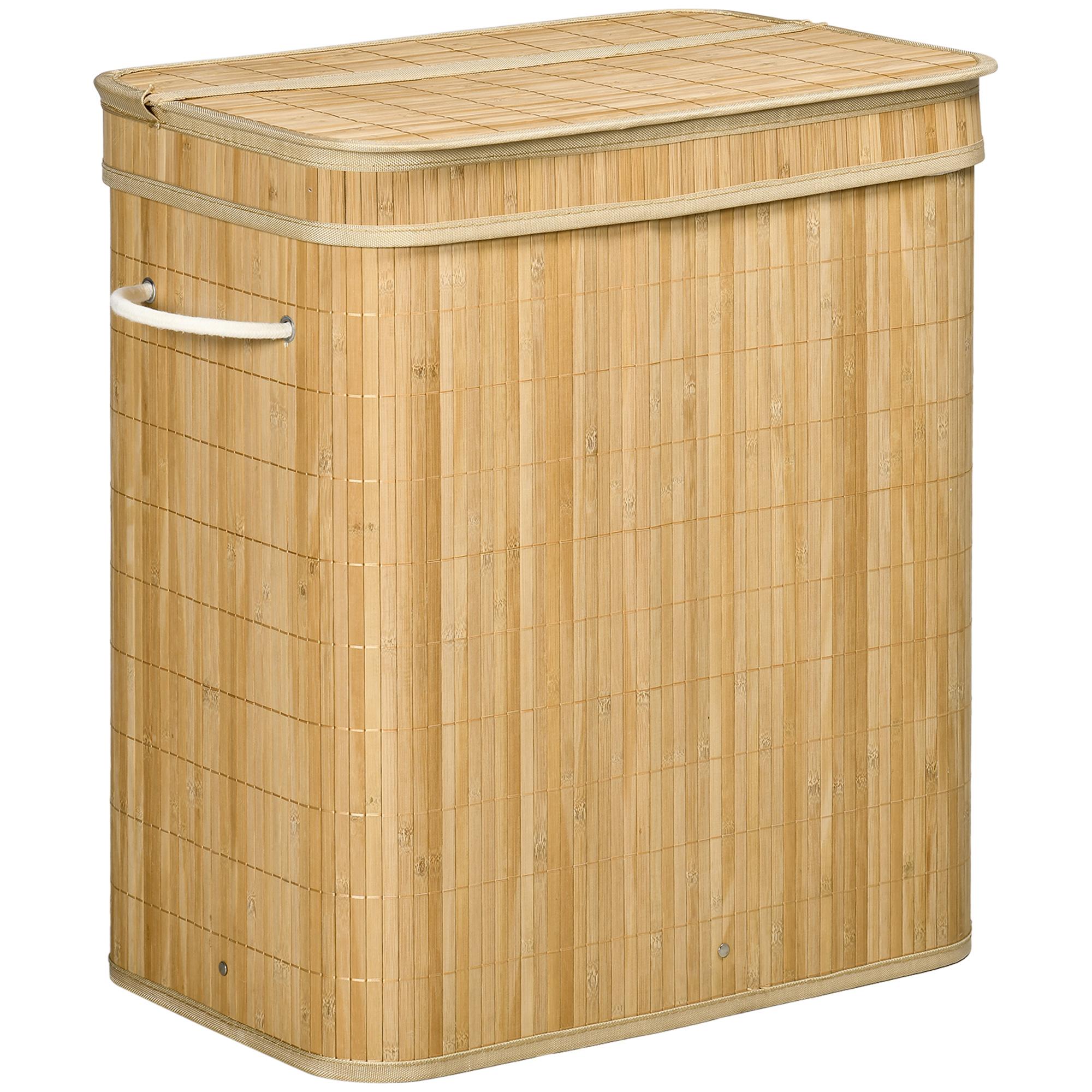 Cesto de Roupa Suja 90L em Bambu com 2 Compartimentos Alças e Bolsa Interna Removível 54,2x35,2x59,5 cm Madeira