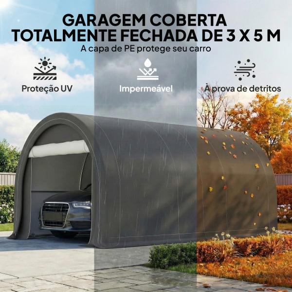 Garagem Exterior para Carro 3x5 m Impermeável com Tecido PE Resistente Estrutura de Aço Galvanizado UPF30+ Cinzento