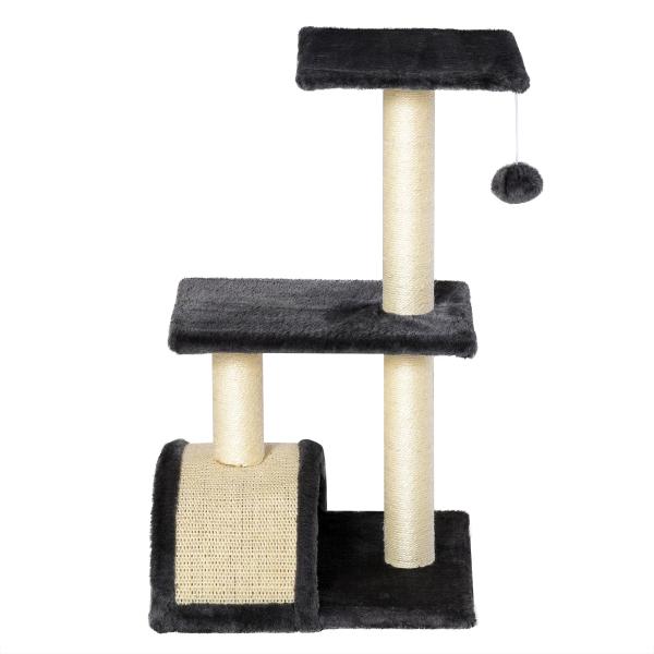 Arranhador para Gatos Médio de 3 Níveis com Postes de Sisal Placa para Arranhar e Bola Suspensa 40x35x72 cm Cinzento Escuro
