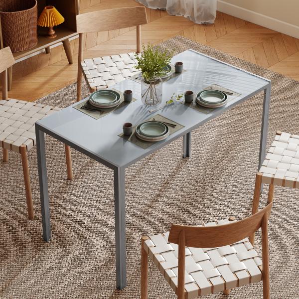 Mesa de Refeição de Cristal Mesa Retangular para 4 - 6 pessoas com Pés de Metal Multifuncional 120x60x75 cm Cinza
