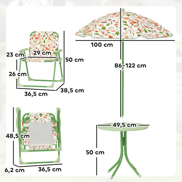 Conjunto de Mesa e Cadeiras para Crianças de Jardim com Cadeiras Dobráveis Chapéu de Sol Ajustável e Desenho de Raposas Verde