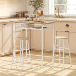 Conjunto de Móvel Bar com Mesa Alta e 2 Bancos com Prateleira de Armazenamento e Estrutura de Metal 80x50x90cm Branco e Madeira