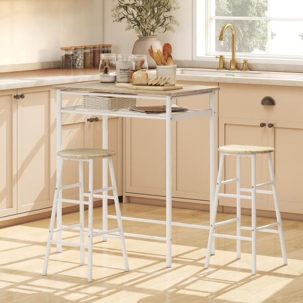 Conjunto de Móvel Bar com Mesa Alta e 2 Bancos com Prateleira de Armazenamento e Estrutura de Metal 80x50x90cm Branco e Madeira