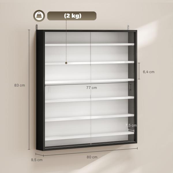Vitrina de Parede em Madeira com Prateleiras Ajustáveis e 2 Portas Deslizantes de Vidro 80x9,5x83 cm Preto