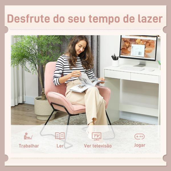 Poltrona Sala de Estar Moderna Poltrona de Leitura com Assento Largo e Acolchoado Estofada em Veludo Pés de Metal 70x67,5x87 cm Rosa