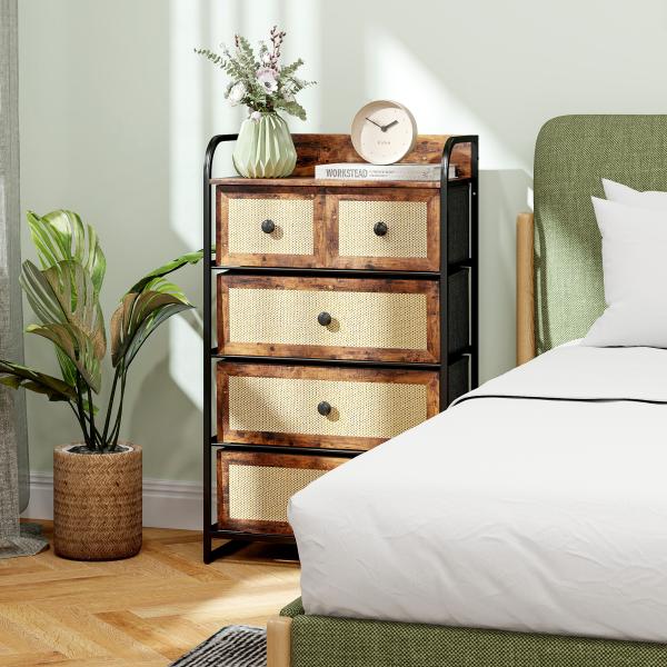 Cómoda de Tecido Cómoda para Dormitório com 5 Gavetas com Frente em Vime e Prateleira 58x29x99 cm Marrom Rústico