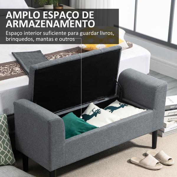 Banco para Pé de Cama Acolchoado com Espaço de Armazenamento Banco Multifuncional com Braços Tampa e Pés de Madeira para Dormitórios Sala de Estar 116x44x58 cm Cinza