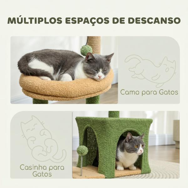 Árvore Arranhadora para Gatos 98 cm com Folhas Artificiais, Toca, Cama, Postes em Juta e 2 Bolas, Verde