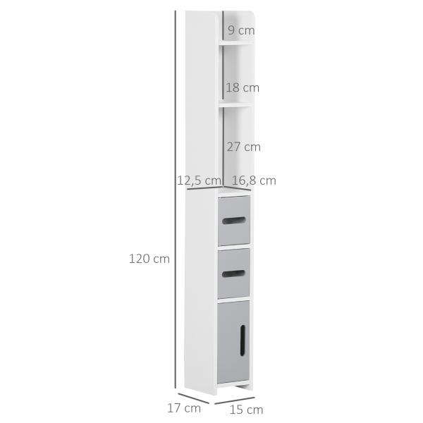 Coluna Casa de Banho com 3 Portas e 3 Prateleiras Abertas Coluna Auxiliar Estilo Moderno 15x17x120cm Branco e Cinza