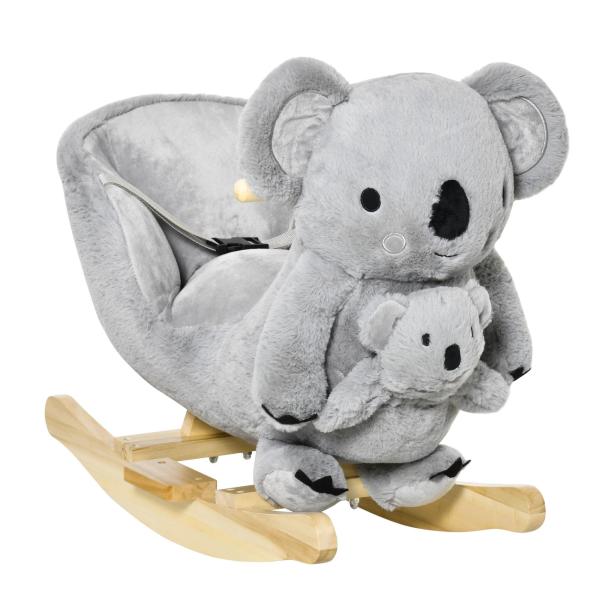 Baloiço Infantil com Forma de Coala com Fantoche para Bebés 18 - 36 Meses com Som Cinto de Segurança e Apoio para os Pés 60x33x50cm Cinza