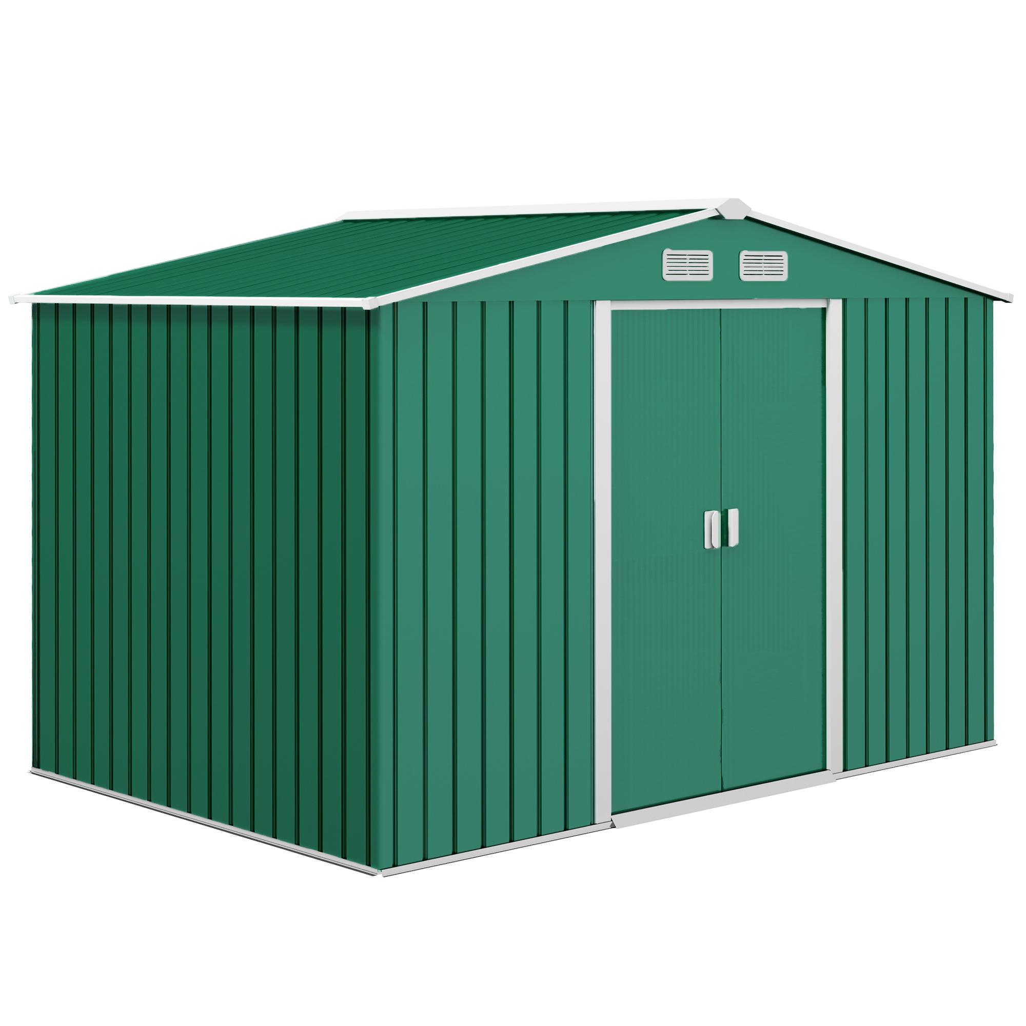 Abrigo de Jardim Exterior 4,83m² 277x195x192cm Abrigo e Jardim Metálico para Armazenamento de Ferramentas com Base Incluída e 4 Janelas Verde Escuro
