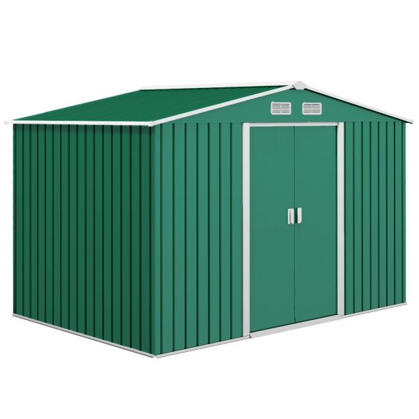 Abrigo de Jardim Exterior 4,83m² 277x195x192cm Abrigo e Jardim Metálico para Armazenamento de Ferramentas com Base Incluída e 4 Janelas Verde Escuro
