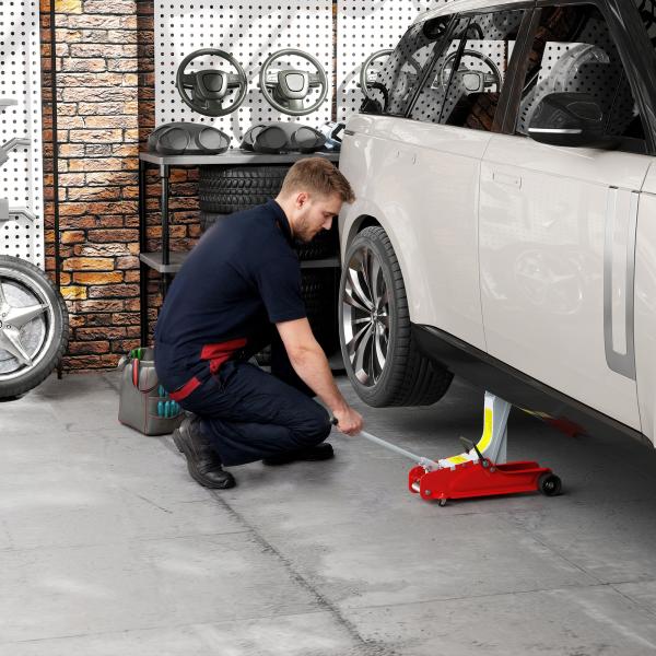 Macaco Hidráulico para Carro 2,5T Altura de Elevação 80 - 380 mm com Perfil Baixo e Rodas para Automóvel SUV Vermelho