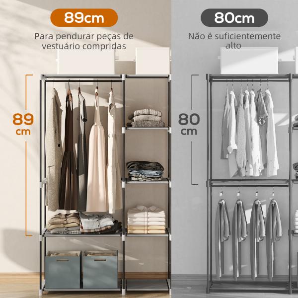 Armário para Roupas 182x43x185 cm Armário Aberto com 8 Prateleiras de Tecido Barras para Pendurar 182x43x185 cm Cinza