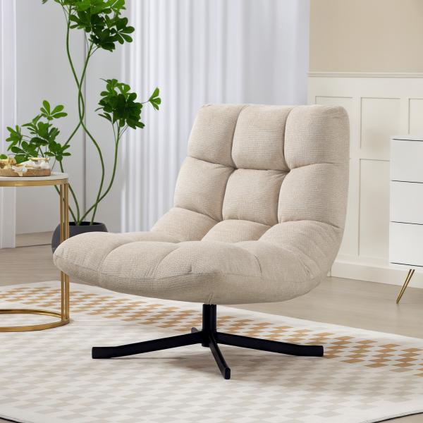 Poltrona Giratória Moderna Poltrona de Sala de Estar com Base de Cruz Estofada em Chenille Impermeável Assento Extra Largo e Pernas de Aço Poltrona Relax para Sala de Estar Quarto 75x95x90 cm Creme