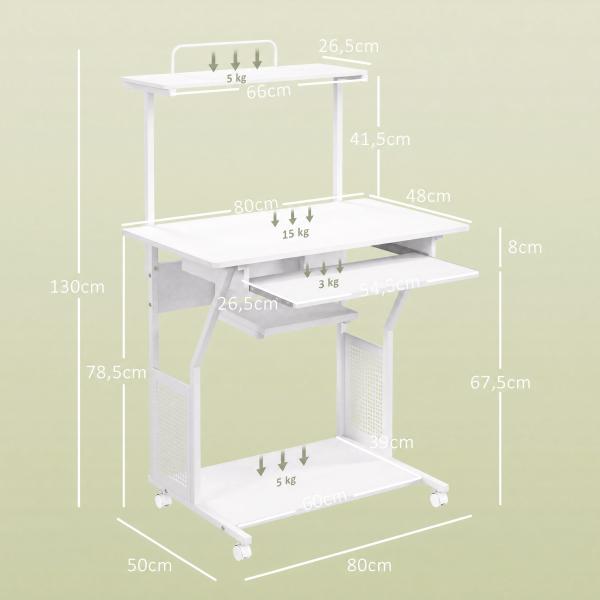 Secretária para Computador com Rodas, Bandeja para Teclado, Suporte para CPU e Prateleiras 80x50x130 cm Branco