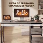 Mesa Gaming 120x50 cm Secretária Gaming Industrial com Compartimento e 2 Gavetas para Escritório Estúdio Cinzento Claro