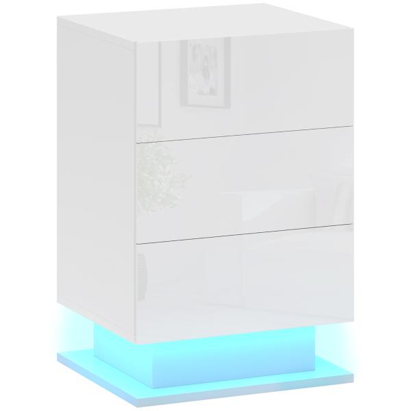 Mesa de Cabeceira com Faixa de Luz LED Multicolor Mesa Auxiliar com 3 Gavetas Estilo Moderno 40x35x60 cm Branco Brilhante