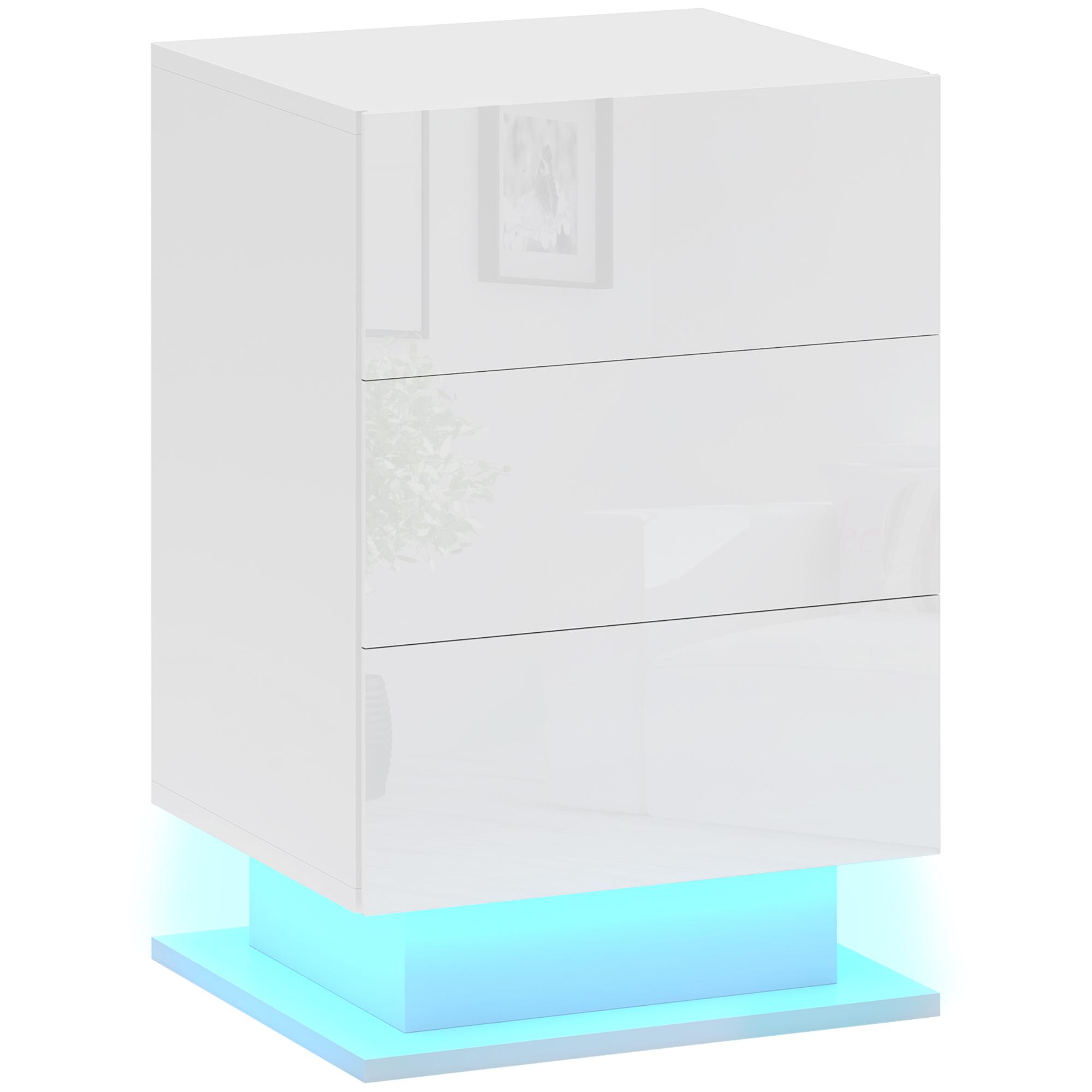 Mesa de Cabeceira com Faixa de Luz LED Multicolor Mesa Auxiliar com 3 Gavetas Estilo Moderno 40x35x60 cm Branco Brilhante