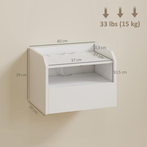 Conjunto de 2 Mesas de Cabeceira Flutuantes com Estação de Carregamento Gaveta Prateleira Aberta Estilo Moderno 40x29x29 cm Branco