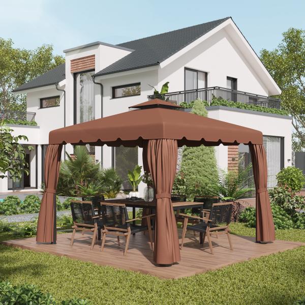 Toldo de Substituição para Pérgola 300x300 cm com Duplo Teto e 8 Orifícios de Drenagem Marrom