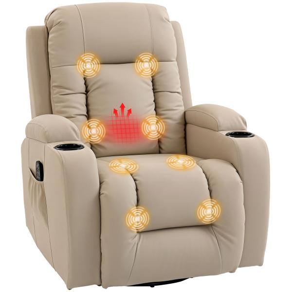 Poltrona de Massagem Reclinável até 145° com 8 Pontos de Massagem por Vibração Função de Aquecimento 82x99x103 cm Creme
