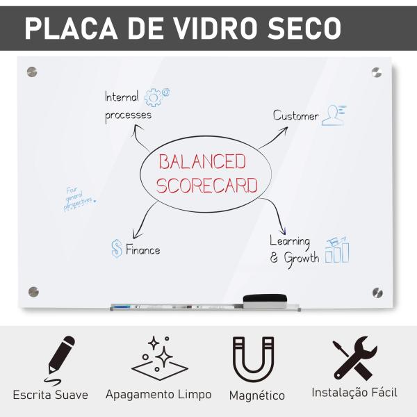 Placa de vidro com bandeja Inclui 4 marcadores e borracha 90x60x0,45 cm Branco