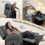 Poltrona Relax Reclinável Elétrica Elevatória com Massagem Vibratória e Calor, Comando à Distância, Cinzento