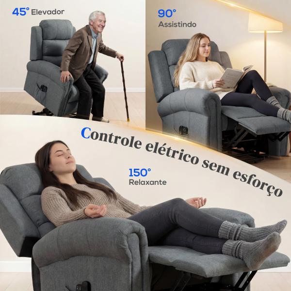 Poltrona Relax Reclinável Elétrica Elevatória com Massagem Vibratória e Calor, Comando à Distância, Cinzento