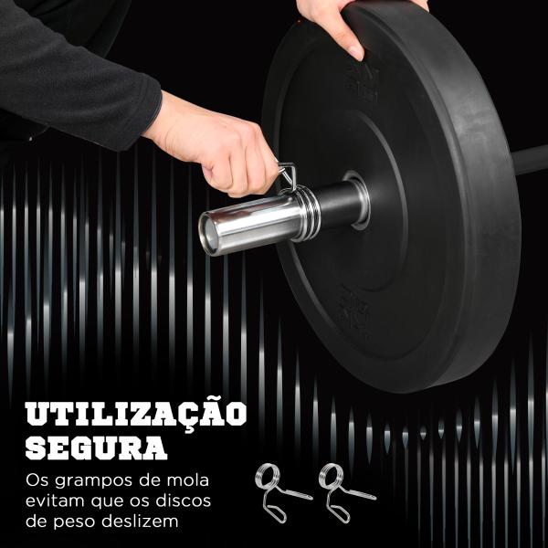 Barra de Pesos de Aço180 cm Ø50 mm com 2 Grampos Carga 200 kg Barra Olimpica para Discos de Ø5 cm Prata e Preto
