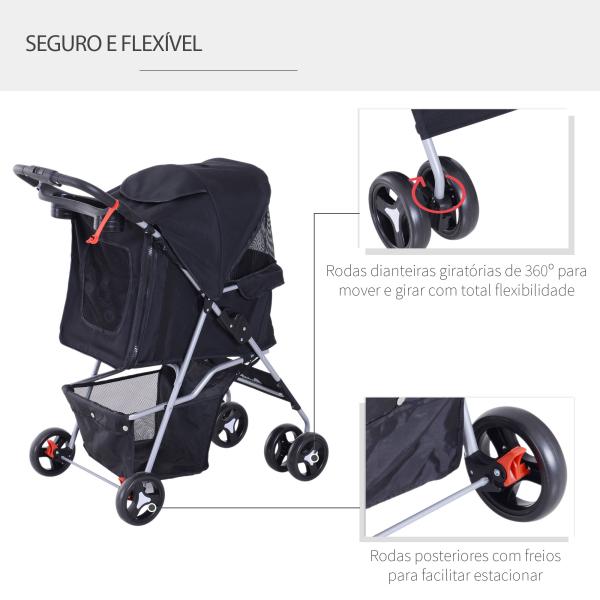Carrinho para Animais de Estimação Dobrável para Cães com Capô Ajustável Cesta de Armazenamento e Rodas com Freio Tecido Oxford Estrutura de Aço 74x46x94cm Preto