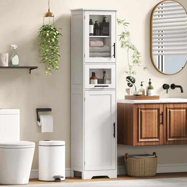 Coluna Casa de Banho com Porta de Vidro Prateleiras Ajustáveis Gaveta para Espaços Pequenos 40x31x170 cm Branco