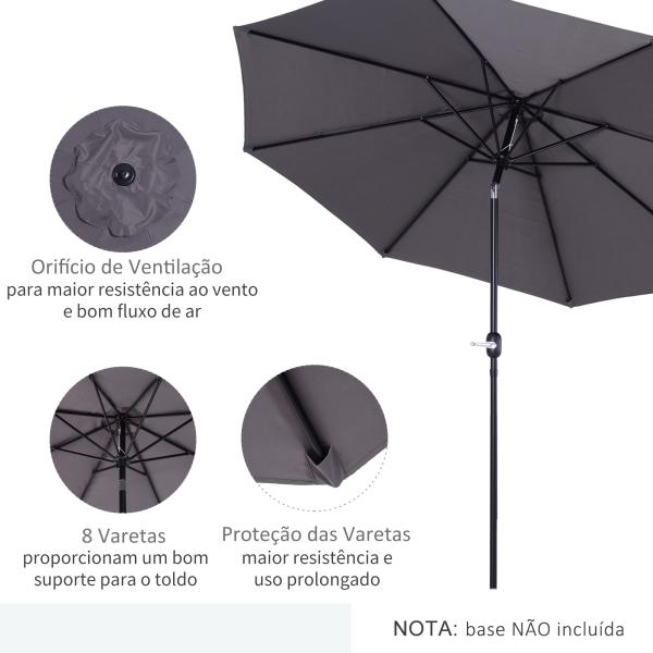 Chapéu de Sol de Jardim Ø295x250cm com Manivela Chapéu de Sol Exterior com Mecanismo de Inclinação e Mastro Desmontável de Metal para Terraço Piscina Pátio Cinza Escuro