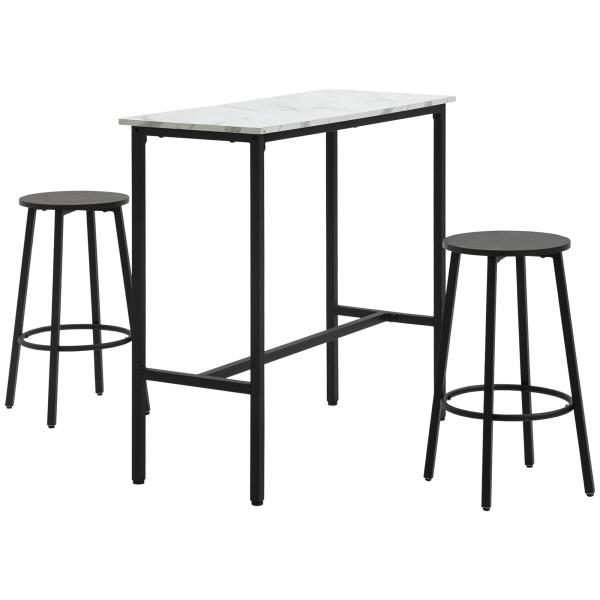 Conjunto de Mesa Alta com 2 Bancos Redondos com Estrutura de Aço Estilo Moderno para Cozinha Sala de Estar Branco e Preto