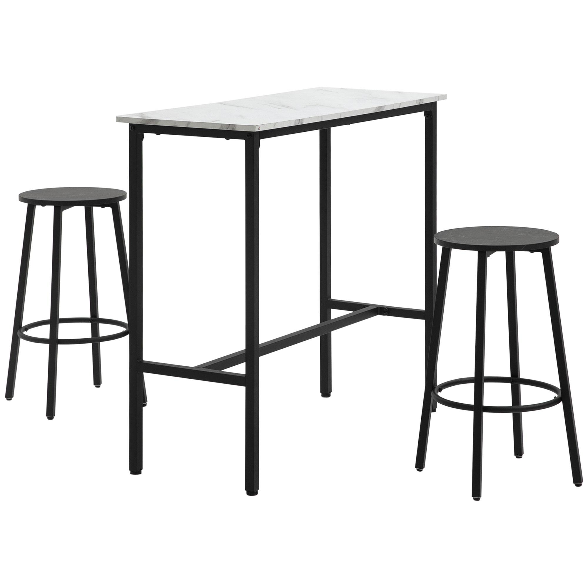 Conjunto de Mesa Alta com 2 Bancos Redondos com Estrutura de Aço Estilo Moderno para Cozinha Sala de Estar Branco e Preto