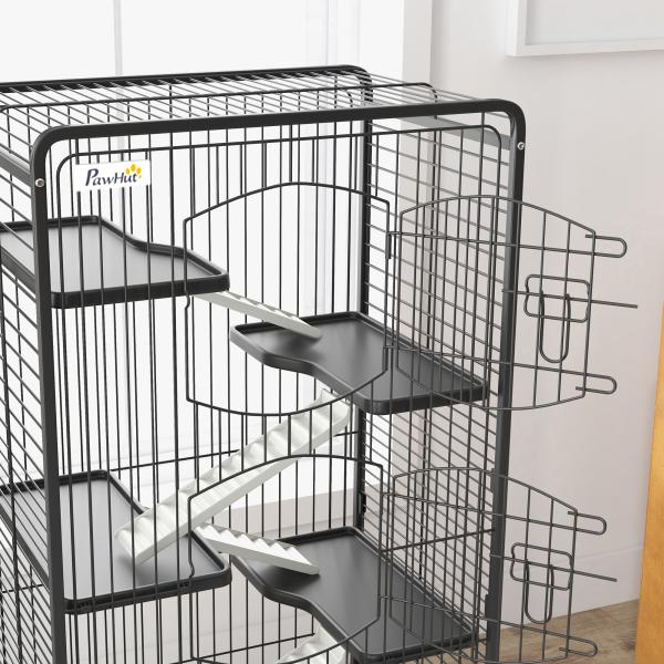 Gaiola para Pequenos Animais com 6 Níveis Gaiola para Roedores com Rodas Rampa e Bandeja Amovível 61,5x44x131 cm Preto