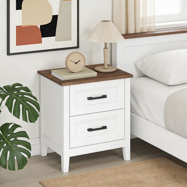 Mesa de Cabeceira Mesa de Cabeceira com 2 Gavetas Estilo Rústico 45x30x50 cm Branco