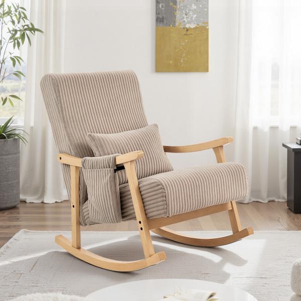Poltrona Baloiço Moderna em Veludo Cotelê com Apoio para os Braços Almofada Lombar e Bolso Poltrona de Amamentação 65x90x98 cm Castanho Claro